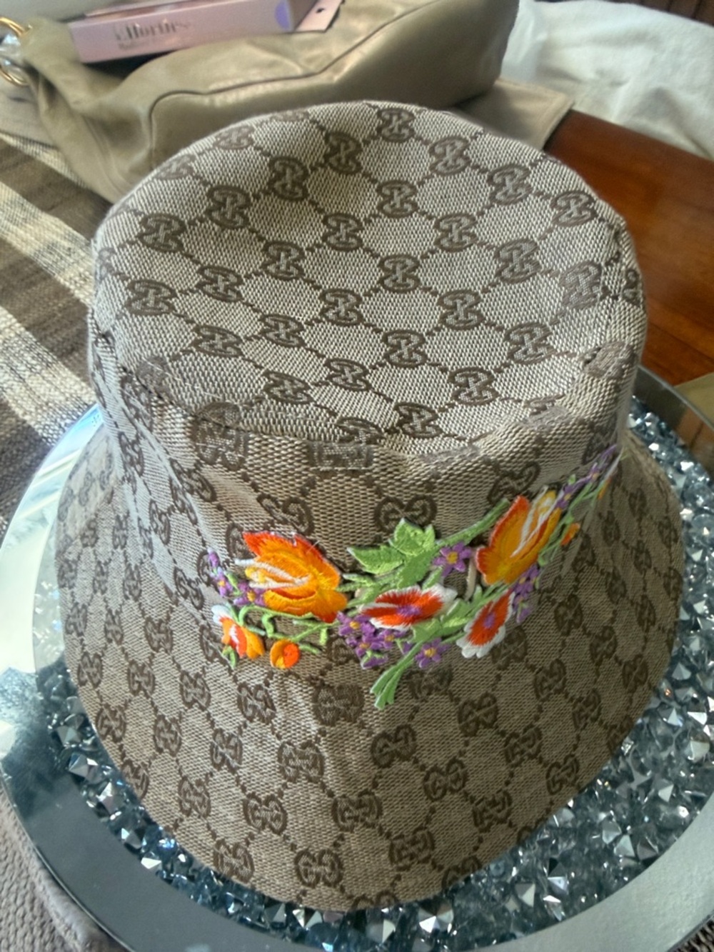 Luxury Brown Monogram Bucket Hat with Orange Floral Embroidery designed by me